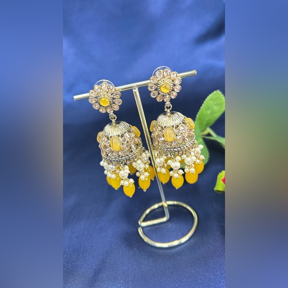 Beautiful Mustard Gold Duluxe Reverse Ad Jhumkas - Picture 6 of 7